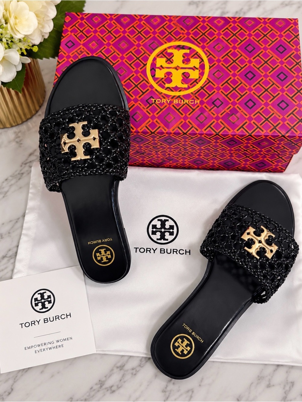 Tory Burch Black Raffia Slide Sandals with Gold Logo